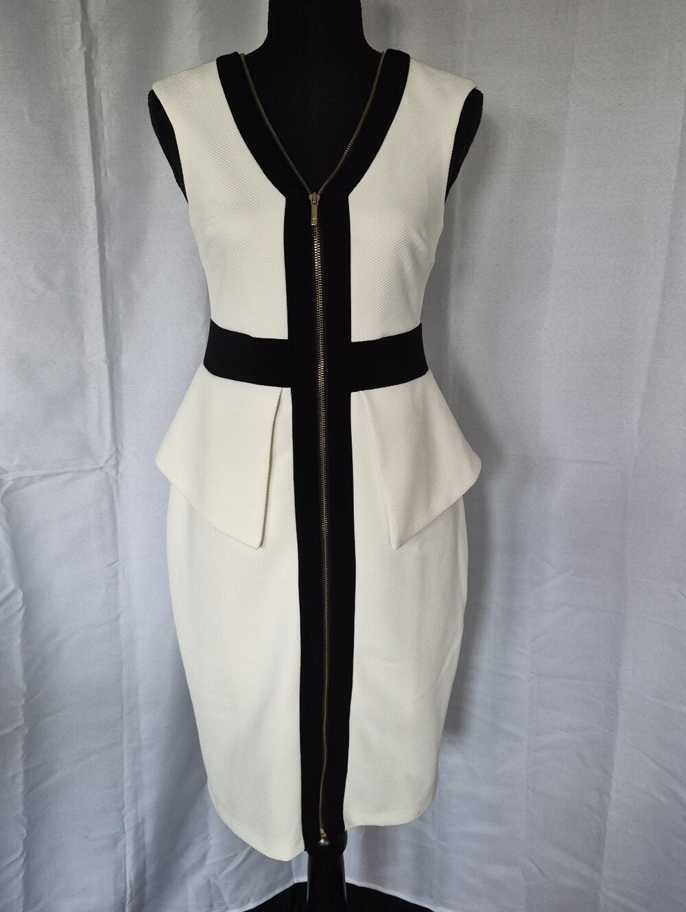 Thalia Sodi White and Black Peplum Zip-Front Midi Dress